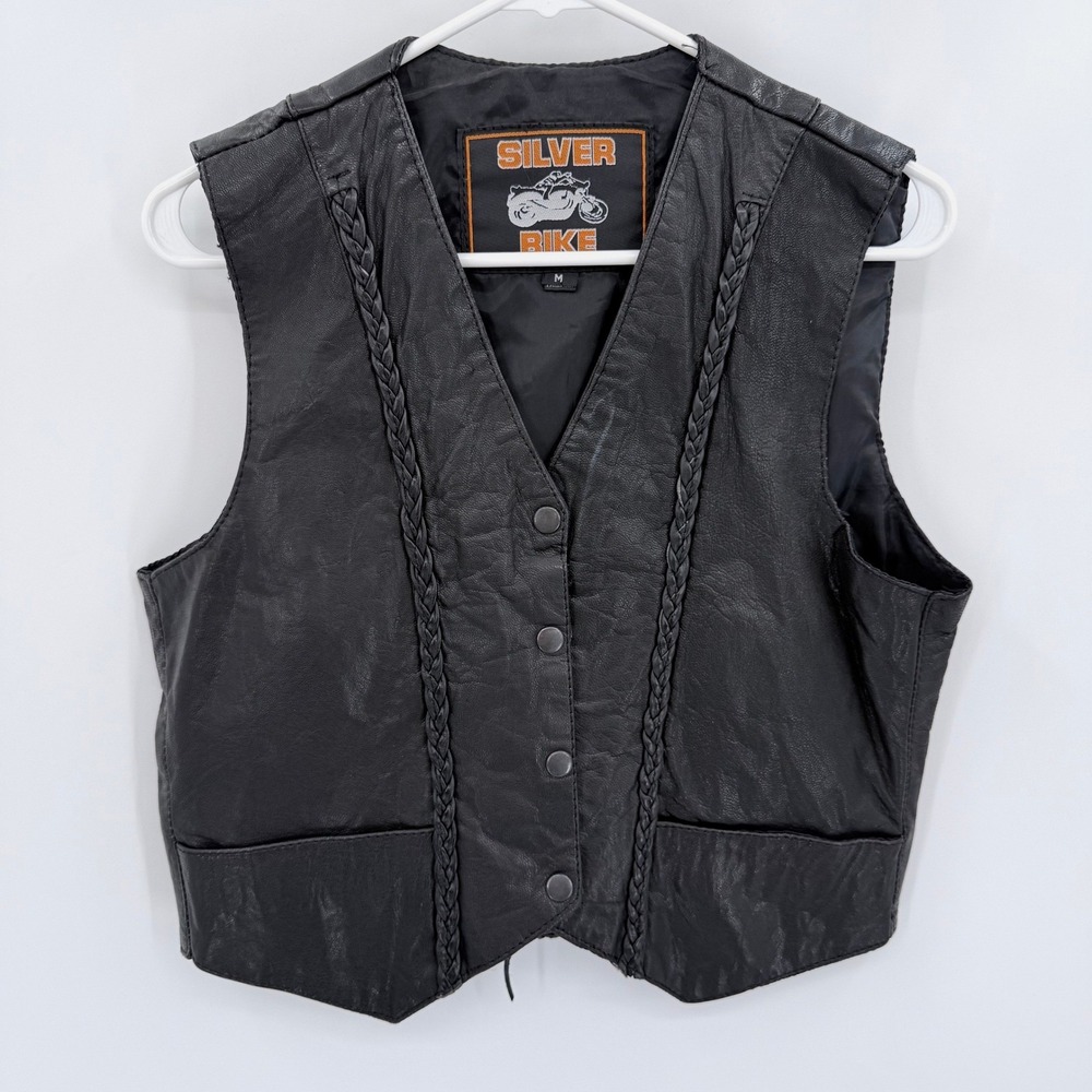 Silver Bike Leather Moto Biker‎ Vest Jacket Black Motorcycle Waistcoat Medium